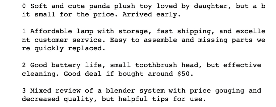 Screenshot of a result for summarizing multiple reviews